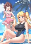  1boy 1girl :d beach beach_towel blonde_hair blue_eyes blush breasts brown_hair closed_eyes crossdressing food furuyama_satsuki ginyose_uzuki glasses graze_counter hair_ribbon highleg highleg_swimsuit ice_cream innertube inumaru75707951 large_breasts long_hair one-piece_swimsuit one_side_up otoko_no_ko palm_tree ponytail ribbon semi-rimless_eyewear sitting smile swimsuit towel tree 