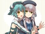  2girls :d altina_orion antenna_hair aqua_hair aqua_headwear beret black_headwear blue_vest blush capelet chihiro_(chihiro3399) eiyuu_densetsu green_eyes grey_capelet hat high_collar hug hug_from_behind long_hair long_sleeves looking_at_another millium_orion multiple_girls parted_lips sen_no_kiseki sen_no_kiseki_iii short_hair smile striped striped_background thors_military_academy_branch_campus_uniform upper_body vest white_hair white_shrug yellow_eyes 