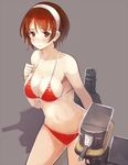  bare_shoulders bikini blush breasts brown_eyes brown_hair cannon cleavage front-tie_top hairband kantai_collection large_breasts leaning_forward natori_(kantai_collection) navel red_bikini short_hair simple_background solo sumisu_(mondo) swimsuit turret white_hairband 