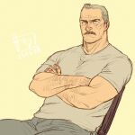  1boy aaron_gruber_(o_natsuo88) bara beard_stubble black_eyes chair cowboy_shot crossed_arms denim facial_hair grey_hair grey_shirt jeans male_focus mature_male muscular muscular_male mustache o_natsuo88 old old_man original pants receding_hairline scar scar_on_cheek scar_on_face scowl shirt short_hair simple_background sitting solo thick_eyebrows thick_mustache wrinkled_skin yellow_background 
