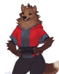 2023 4:5 anthro blue_clothing blue_topwear brown_body brown_fur clothed clothing colored_sketch dated female front_view fur green_eyes grin hands_on_hips lostgoose portrait red_clothing red_topwear simple_background sketch smile solo standing three-quarter_portrait topwear white_background