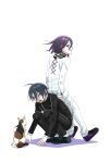  2boys ahoge black_footwear black_hair black_jacket black_pants cat danganronpa_(series) danganronpa_v3:_killing_harmony grin hair_between_eyes highres jacket leaning_on_person long_sleeves male_focus multiple_boys nk_ndr_bu oma_kokichi pants purple_eyes purple_footwear purple_hair saihara_shuichi simple_background sitting smile squatting teeth white_background white_jacket white_pants 