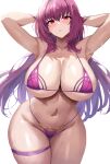  1girl absurdres armpits arms_up bikini blush breasts fate/grand_order fate_(series) highres jasony large_breasts long_hair navel parted_lips purple_bikini purple_hair red_eyes scathach_(fate) simple_background solo stomach swimsuit thigh_strap very_long_hair wet white_background 