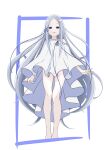  1girl bare_shoulders blue_eyes blue_ribbon colored_eyelashes commentary_request dress grey_hair hair_ribbon highres long_hair looking_at_viewer mo_0508 naked_poncho off_shoulder open_mouth pandora_(re:zero) parted_bangs re:zero_kara_hajimeru_isekai_seikatsu ribbon ribbon-trimmed_clothes ribbon-trimmed_dress ribbon-trimmed_shirt ribbon_trim simple_background solo very_long_hair white_background white_dress 