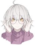 1girl adjusting_eyewear ahoge alternate_costume closed_mouth commentary_request fate/grand_order fate_(series) glasses grey_hair hair_between_eyes highres jeanne_d&#039;arc_alter_(fate) long_sleeves looking_at_viewer pale_skin pink_sweater ri_o_ne_su round_eyewear short_hair simple_background smile solo sweater turtleneck turtleneck_sweater white_background yellow_eyes 