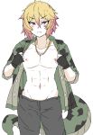  1boy abs african_rock_python_(kemono_friends) animal_print black_gloves black_pants blonde_hair blush closed_mouth cowboy_shot fangs fangs_out fingerless_gloves genderswap genderswap_(ftm) gloves groin hair_between_eyes half-closed_eyes hands_up highres hood hood_down hooded_jacket jacket jewelry kemono_friends looking_at_viewer male_focus multicolored_hair nanoder navel necklace nipples open_clothes open_jacket pale_skin pants pink_hair print_jacket purple_eyes short_hair sketch snake_print snake_tail solo stomach tail toned toned_male two-tone_hair v-shaped_eyebrows 