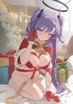  1girl absurdres bed_sheet bell blue_archive blush box breasts capelet gift gift_box gloves halo highres large_breasts long_hair mechanical_halo navel open_mouth purple_eyes purple_hair red_capelet red_gloves riok_hh santa_costume solo two_side_up yuuka_(blue_archive) 