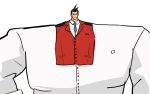  1boy ace_attorney apollo_justice blue_necktie broad_shoulders brown_hair highres jacket male_focus necktie red_vest sattou small_head smile solo upper_body v-shaped_eyebrows vest white_jacket 