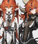  1girl black_fur breasts chaldea_logo claws command_spell cosplay dark_young_(fate) dark_young_(fate)_(cosplay) fate/grand_order fate_(series) fujimaru_ritsuka_(female) galibo horns long_hair medium_breasts navel orange_eyes orange_hair pink_eyes third_eye white_fur 