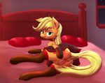  anus applejack_(mlp) bed bedroom blonde_hair blush butt cutie_mark ear_piercing earth_pony equine female feral freckles friendship_is_magic fur gloves green_eyes hair horse inside legwear looking_at_viewer lying mammal my_little_pony on_bed on_side orange_fur piercing pillow pony pussy pussy_juice smile smokedpone solo stockings 