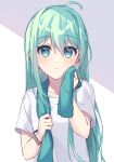  1girl absurdres blue_eyes blue_hair blush hair_down hatsune_miku highres kurobikari long_hair looking_at_viewer shirt short_sleeves solo t-shirt towel towel_around_neck upper_body very_long_hair vocaloid water_drop wet wet_hair 