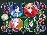  6+boys 6+girls animal_ears aradia_megido bec_noir black-framed_eyewear black_hair black_lipstick blonde_hair blue_eyes book buck_teeth cape crown dave_strider dog_ears dress equius_zahhak eridan_ampora fang fangs feferi_peixes gamzee_makara ginilla glasses goggles green_eyes grey_skin grimoire hairband hat homestuck hood horns jacket jade_harley jewelry john_egbert kanaya_maryam karkat_vantas lipstick long_hair makeup mohawk multicolored_hair multiple_boys multiple_girls necklace nepeta_leijon open_mouth oversized_clothes pink_eyes prospitian_monarch purple_eyes red-tinted_eyewear red_eyes red_sclera rose_lalonde round_eyewear scar scarf sharp_teeth short_hair smile sollux_captor striped striped_scarf sunglasses tank_top tavros_nitram teeth terezi_pyrope tongue tongue_out two-tone_hair upper_body vriska_serket yellow_sclera 