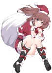  1girl atlanta_(kancolle) black_footwear boots brown_hair earrings full_body hat highres jewelry kantai_collection looking_at_viewer santa_costume santa_hat smile solo star_(symbol) star_earrings thigh_strap two_side_up white_background yomogi_dango 
