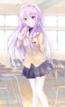  1girl arm_behind_back black_skirt blazer clannad classroom closed_mouth commentary feet_out_of_frame finger_to_mouth floating_hair fujibayashi_kyou hair_between_eyes hair_intakes hair_ribbon hand_up highres hikarizaka_private_high_school_uniform index_finger_raised indoors jacket light_blush long_hair long_sleeves looking_at_viewer miniskirt oramikainu pleated_skirt purple_eyes purple_hair ribbon sailor_collar school_uniform sidelocks skirt smile solo standing straight_hair thighhighs tress_ribbon turtleneck very_long_hair white_ribbon white_sailor_collar white_thighhighs yellow_jacket zettai_ryouiki 