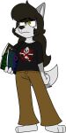 2018 3_toes 4_fingers aged_down alpha_channel anthro barefoot bellbottoms biped black_clothing black_eyebrows black_nose black_pupils black_shirt black_t-shirt black_topwear bottomwear breasts brown_bottomwear brown_clothing brown_pants canid canine canis chokovit_(artist) clothed clothed_anthro clothed_female clothing colored digital_drawing_(artwork) digital_media_(artwork) dipstick_tail english_text eyebrow_through_hair eyebrows feet female female_anthro fingers fluffy fluffy_tail front_view full-length_portrait fur gloves_(marking) green_text grey_body grey_ears grey_fur grey_inner_ear grey_markings grey_tail hair hi_res holding_magazine leg_markings magazine mammal marion_wells markings mole_(marking) mole_under_eye pants portrait prick_ears pupils shirt simple_background socks_(marking) solo standing t-shirt tail tail_markings teenager text toes topwear translucent translucent_hair transparent_background wolf wolf_tail yellow_eyes yellow_text young
