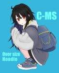  1girl alternate_costume bag c-ms_(girls&#039;_frontline) character_name girls&#039;_frontline gotoo highres jacket long_hair looking_at_viewer mole mole_under_eye red_eyes shoes sneakers squatting 