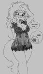 anthro clothed clothing commonbleat digital_media_(artwork) female fur greyscale hair monochrome nightwear panties solo tail text underwear