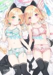  2girls :&lt; black_thighhighs blonde_hair blue_archive blush bow bra closed_mouth green_bow green_eyes green_halo hair_bow halo highres holding_hands kani_biimu looking_at_viewer lying medium_hair midori_(blue_archive) momoi_(blue_archive) multiple_girls navel on_back panties pink_bow pink_eyes pink_halo smile sweatdrop thighhighs underwear 