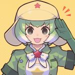  1girl an-chan_(ananna0315) black_eyes bow bowtie elbow_gloves gloves green_hair hat highres jacket kemono_friends kemono_friends_3 keroro keroro_(kemono_friends) keroro_gunsou looking_at_viewer multicolored_hair shirt short_hair simple_background solo star_(symbol) two-tone_hair upper_body white_hair yellow_background 