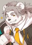  1boy animal_ears bara bear_boy bear_ears claws commentary_request fang furry furry_male grey_background himiya_narumi indie_virtual_youtuber kuro_nezumi_inu looking_at_viewer male_focus mole mole_under_eye necktie one_eye_closed pawpads pointing pointing_at_viewer ponytail shirt smile star_(symbol) white_shirt yellow_necktie 