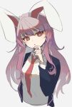  1girl animal_ears blazer facing_viewer hands_on_own_chin highres hinataku1222 imperishable_night jacket long_hair long_sleeves necktie purple_hair rabbit_ears rabbit_girl red_eyes red_necktie reisen_udongein_inaba simple_background solo touhou upper_body white_background 