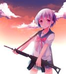  assault_rifle bad_id bad_pixiv_id blue_skirt blush bow cloud cresc-dol dusk fn_fnc fnc_(upotte!!) gun holding holding_gun holding_weapon looking_at_viewer outdoors personification pink_eyes pleated_skirt purple_hair red_bow rifle school_uniform serafuku short_hair short_sleeves skirt sky smile solo strap upotte!! weapon 