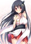  bare_shoulders black_hair blush breasts detached_sleeves fusou_(kantai_collection) hair_ornament highres japanese_clothes kantai_collection large_breasts long_hair md5_mismatch pleated_skirt red_eyes resized skirt smile solo tomoo_(tomo) twitter_username upscaled very_long_hair 