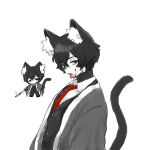  1boy animal_ear_fluff animal_ears black_hair black_kimono black_vest blood blood_on_face blood_on_tongue cat_ears cat_tail collared_shirt japanese_clothes kimono limbus_company necktie open_mouth project_moon red_necktie shirt simple_background solo tail uchimura_(rino0525) vest white_background white_shirt yi_sang_(project_moon) 