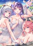  3girls animal_ears ass bare_shoulders bathing blue_eyes blue_hair blunt_bangs blush breasts earrings flower fox_ears fukase_ayaka genshin_impact hair_flower hair_ornament jewelry kamisato_ayaka large_breasts light_blue_hair long_hair looking_at_viewer looking_back multiple_girls onsen open_mouth pink_hair ponytail purple_eyes purple_hair raiden_shogun sidelocks smile towel wet yae_miko 