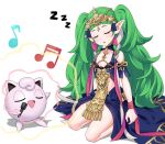  1girl 1other braid commission fire_emblem fire_emblem:_three_houses green_hair hair_ribbon highres igni_tion jigglypuff microphone music musical_note pointy_ears pokemon ribbon ribbon_braid side_braid singing sothis_(fire_emblem) tiara twin_braids zzz 