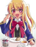  1girl absurdres blonde_hair blush commission commissioner_upload desert eating food fruit hand_on_table highres hoshino_ruby long_hair long_sleeves monotsuki non-web_source open_clothes oshi_no_ko pink_eyes pink_ribbon ribbon sitting star-shaped_pupils star_(symbol) symbol-shaped_pupils tea tiramisu 