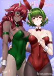  2girls adsouto ahoge animal_ears antlers armlet breasts covered_nipples dark-skinned_female dark_skin deer_antlers deer_ears deer_girl detached_collar elf fake_animal_ears green_eyes green_hair hair_between_eyes hair_intakes hand_on_another&#039;s_hip highres large_breasts leotard long_sleeves looking_at_viewer medium_breasts merry_christmas multiple_girls navel orange_eyes original pantyhose playboy_bunny pointy_ears rabbit_ears red_hair short_hair signature smile strapless strapless_leotard very_dark_skin very_short_hair wrist_cuffs 