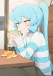  1girl abmayo alternate_costume alternate_hairstyle blurry blurry_background breasts cup from_side hatsune_miku highres holding indoors kotatsu long_hair ponytail sitting solo steam striped striped_sweater sweater table vocaloid 
