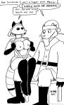 2022 anthro black_and_white breasts canid canine chair christmas christmas_clothing christmas_headwear clothed clothing dialogue domestic_cat duo english_text fake_beard felid feline felis female flashing flashing_breasts fox furniture hat headgear headwear hi_res holidays machine male male/female mammal monochrome nipples open_clothing robot robota_(tegerio) santa_claus santa_hat sitting tail tegerio text whiskers