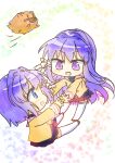  2girls :d absurdres blazer blue_eyes blush botan_(clannad) chibi clannad commentary_request eye_contact fujibayashi_kyou fujibayashi_ryou hair_between_eyes hair_intakes hair_ribbon happy highres hikarizaka_private_high_school_uniform jacket long_hair looking_at_another miniskirt multicolored_background multiple_girls open_mouth outstretched_arms pleated_skirt pmpm_168 purple_eyes purple_hair reaching_towards_another ribbon sailor_collar school_uniform short_hair siblings simple_background sisters skirt smile thighhighs tress_ribbon twins white_ribbon white_sailor_collar white_thighhighs yellow_jacket zettai_ryouiki 