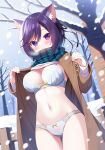  1girl animal_ears armband bare_tree blue_scarf blush bow bow_bra bow_panties bra breasts breath brown_coat cat_ears closed_mouth clothes_lift coat commentary_request fence groin hair_between_eyes hands_up large_breasts long_sleeves looking_at_viewer mauve navel open_clothes open_coat original outdoors panties plaid plaid_scarf purple_eyes purple_hair scarf smile snow snowing solo sweater sweater_lift tree underwear white_bra white_panties white_sweater 