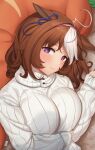  1girl @_@ absurdres ahoge animal_ears blush breasts brown_hair carrot_pillow hairband highres horse_ears hukahito large_breasts meisho_doto_(umamusume) multicolored_hair pink_hairband purple_eyes ribbed_sweater streaked_hair sweat sweater umamusume 