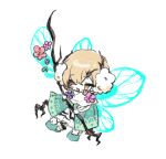  1boy aqua_cape aqua_footwear axe blonde_hair cape dress e.g.o_(project_moon) fairy_wings flower holding holding_axe limbus_company open_mouth project_moon simple_background sinclair_(project_moon) slippers smile solo uchimura_(rino0525) white_background white_dress wings yellow_eyes 