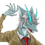 1:1 anthro aquamarinecd blue_body claws clothed clothing dragon fish grey_hair hair hi_res horn hybrid looking_at_viewer male marine necktie scalie shark solo tongue uniform