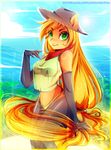  anthro anthrofied applejack_(mlp) blonde_hair elbow_gloves equine female friendship_is_magic fur gloves green_eyes hair hat horse koveliana legwear long_hair mammal my_little_pony orange_fur outside pony smile solo thigh_highs translucent transparent_clothing wide_hips 