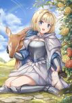  1girl armor bird blonde_hair blue_eyes brown_dust_2 chest_armor cloak cloud cobblestone deer fang flower gloves greaves highres hill justia_(brown_dust) petting rabbit rainbow seiza short_hair sitting small_horns tree vambraces yougen_kitsune 