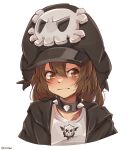  1girl absurdres black_headwear black_jacket brown_eyes brown_hair closed_mouth collar guilty_gear hat highres jacket long_hair may_(guilty_gear) mil17459623 peaked_cap shirt skull_and_crossbones skull_print solo spiked_collar spikes white_shirt 