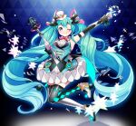  1girl :3 absurdres argyle_thighhighs arm_up asymmetrical_legwear blue_eyes blue_hair blush bow bowtie breasts diamond_facial_mark dress facial_mark full_body gloves hair_ornament hat hatsune_miku highres holding holding_wand layered_dress long_hair magical_mirai_miku magical_mirai_miku_(2019) masumofu microphone mini_hat mini_top_hat mismatched_legwear one_eye_closed sleeveless sleeveless_dress small_breasts smile solo star_(symbol) thighhighs top_hat traditional_bowtie tutu very_long_hair vocaloid wand wrist_cuffs 
