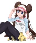  1girl black_pantyhose blue_eyes brown_hair closed_mouth double_bun gensei00 hair_bun highres long_hair looking_at_viewer pantyhose pokemon pokemon_bw2 rosa_(pokemon) shirt shorts sitting sleeves_past_elbows smile solo twintails very_long_hair visor_cap white_background yellow_shorts 