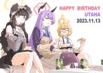  3girls ^_^ absurdres ahoge animal_ears apron between_breasts black_dress black_hair blonde_hair blue_archive blue_necktie blurry blurry_foreground breasts cake cake_slice can center_opening character_name cleavage closed_eyes collar collared_shirt dated dirty dirty_clothes dirty_face dog_ears dog_girl dog_tail dress feet_out_of_frame fishnet_pantyhose fishnets floating_headgear food fork glasses goggles goggles_on_head grey_shirt hair_bobbles hair_ornament halo happy_birthday hariyaa headgear hibiki_(blue_archive) highres holding holding_food holding_plate kotori_(blue_archive) long_hair messy_hair multiple_girls necktie necktie_between_breasts off-shoulder_shirt off_shoulder open_mouth pantyhose pizza pizza_box plate purple_eyes purple_hair semi-rimless_eyewear shirt short_hair sitting skirt sleeves_rolled_up small_breasts smile soda_can sweater_vest tail torn_clothes torn_pantyhose utaha_(blue_archive) utensil_in_mouth white_shirt white_skirt 