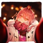  1girl blonde_hair blurry blurry_background blush chainsaw_man closed_mouth commentary cross-shaped_pupils demon_girl demon_horns depth_of_field english_commentary fur_trim gloves hair_between_eyes head_tilt highres horns jacket lianbiglian long_hair looking_at_viewer meme pink_shirt pov pov_cheek_warming_(meme) power_(chainsaw_man) red_gloves red_horns red_scarf ringed_eyes scarf shirt smile solo symbol-shaped_pupils white_background yellow_eyes 