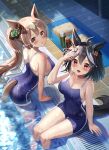  2girls ahoge alternate_hairstyle animal_ears bare_shoulders blue_one-piece_swimsuit blush breasts cleavage commentary_request competition_school_swimsuit ear_ornament hair_between_eyes highres horse_ears horse_girl horse_tail kitasan_black_(umamusume) large_breasts long_hair medium_hair multicolored_hair multiple_girls one-piece_swimsuit open_mouth outdoors partially_submerged ponytail pool poolside red_eyes satono_diamond_(umamusume) school_swimsuit school_uniform short_hair smile streaked_hair swimsuit tail tail_through_clothes tracen_school_uniform umamusume wanderlucia water white_hair yellow_eyes 