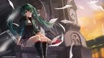  artist_name bad_id bad_pixiv_id blurry boots building depth_of_field green_eyes green_hair hatsune_miku headphones headphones_around_neck jacket locomotive long_hair looking_at_viewer paper sitting sketch solo swd3e2 vocaloid wind 