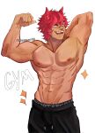  1boy abs absurdres animal_ears bara beckoning biceps cowboy_shot dark-skinned_male dark_skin flexing highres large_pectorals league_of_legends looking_at_viewer male_focus moon_(moonmoon02_l) muscular muscular_male navel nipples pants pectorals red_hair sanpaku seductive_smile sett_(league_of_legends) short_hair smile solo sparkle stomach thick_eyebrows topless_male v-taper 