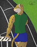  anthro anthrofied blue_shorts chelka feline green_eyes leopard mammal signature solo track track_shorts 